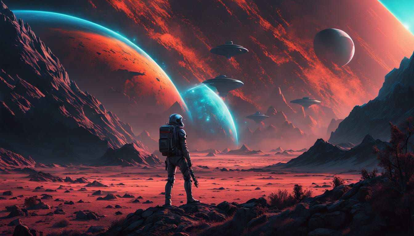 Cyborg Mail Carrier Gazing at Binary Sunset