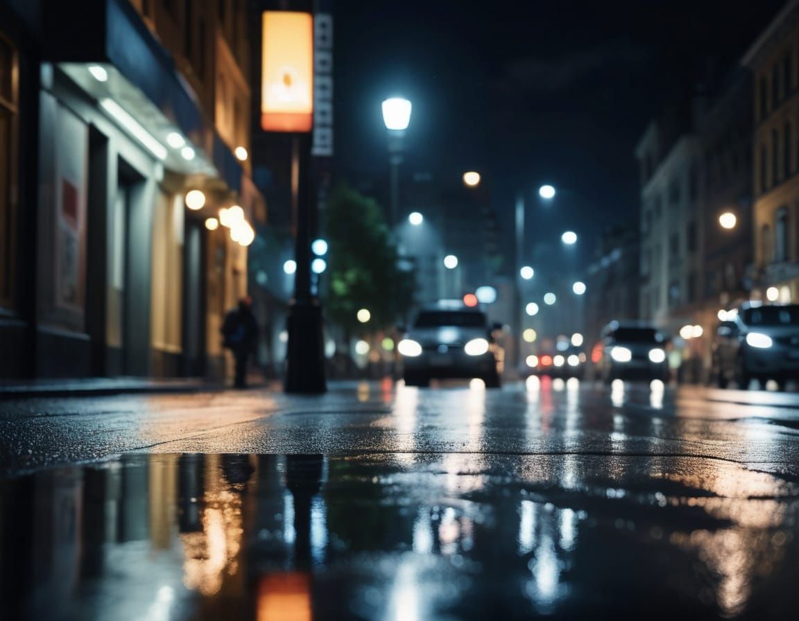 Rainy City Street at Night in Moody Film Style