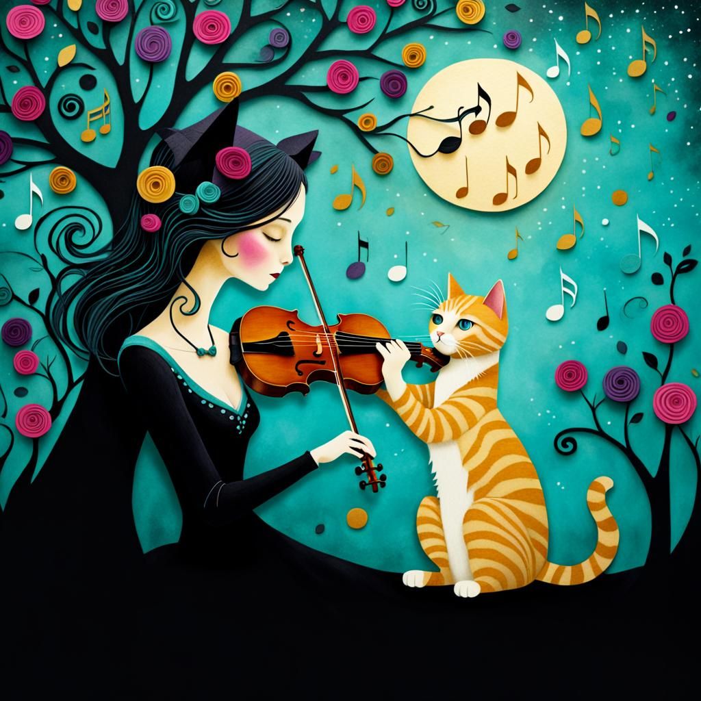 Cat Listening to Violinist in Kirigami Style