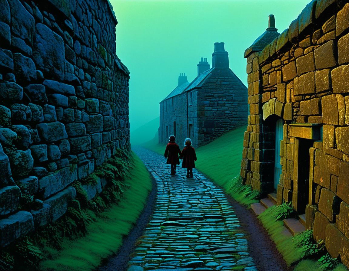 Scottish Hill Country Path: Siblings in Misty Light