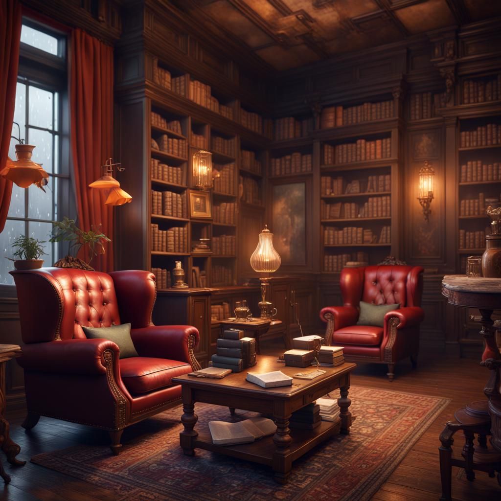 Cozy Academia Cafe with Red Cattle Dog