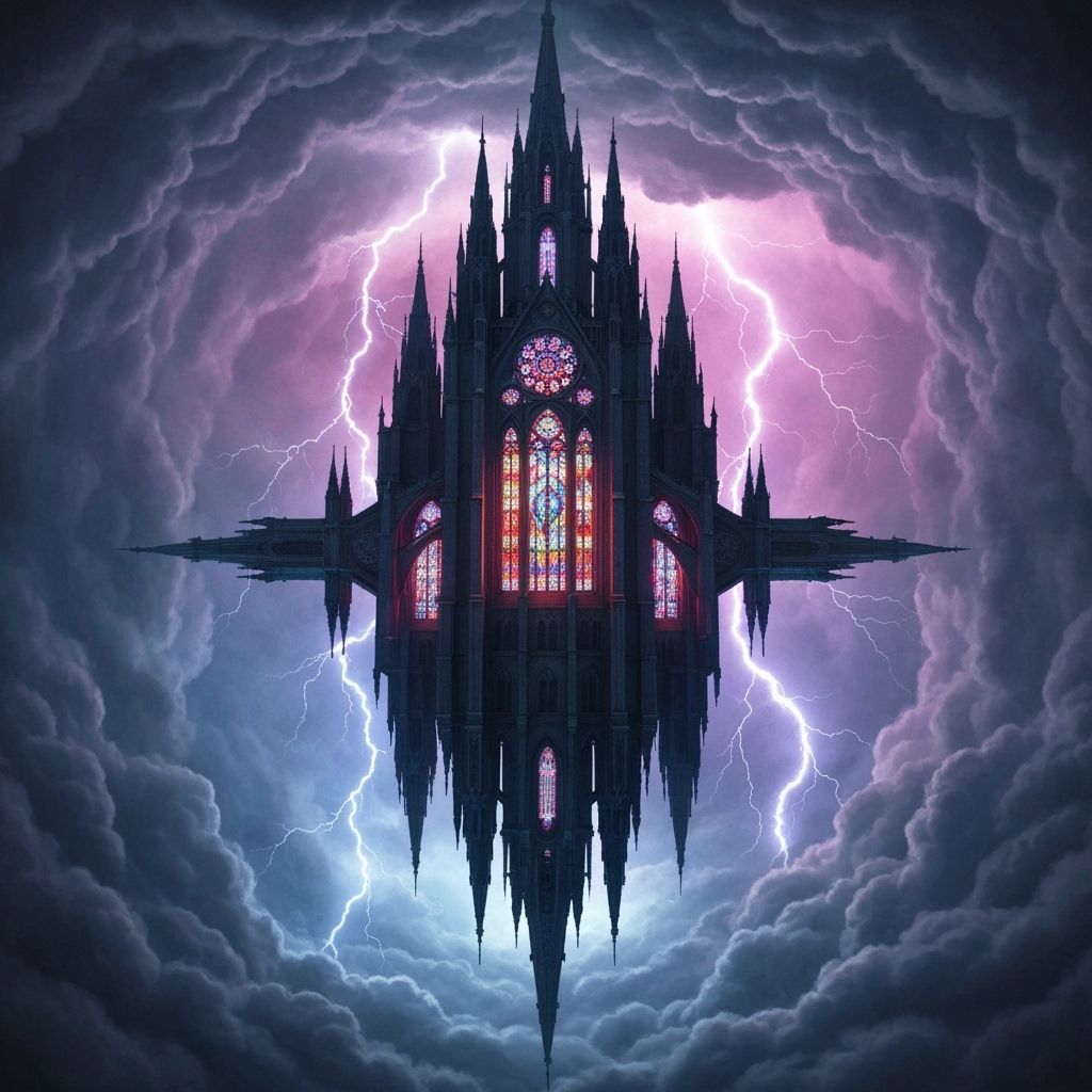 Upside Down Cathedral in Storm, Lightning Through Stained Gl...