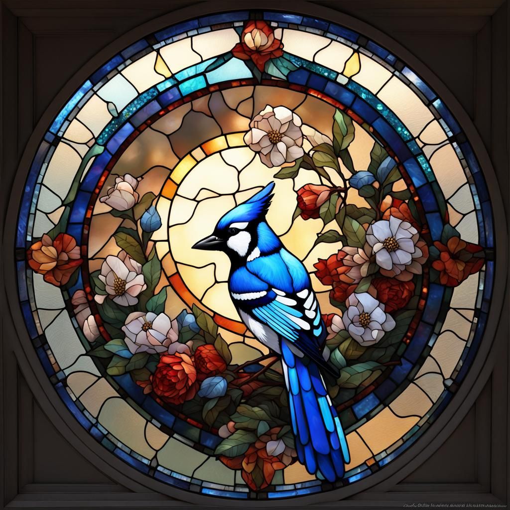 Stained Glass Blue Jay with Constellation Map