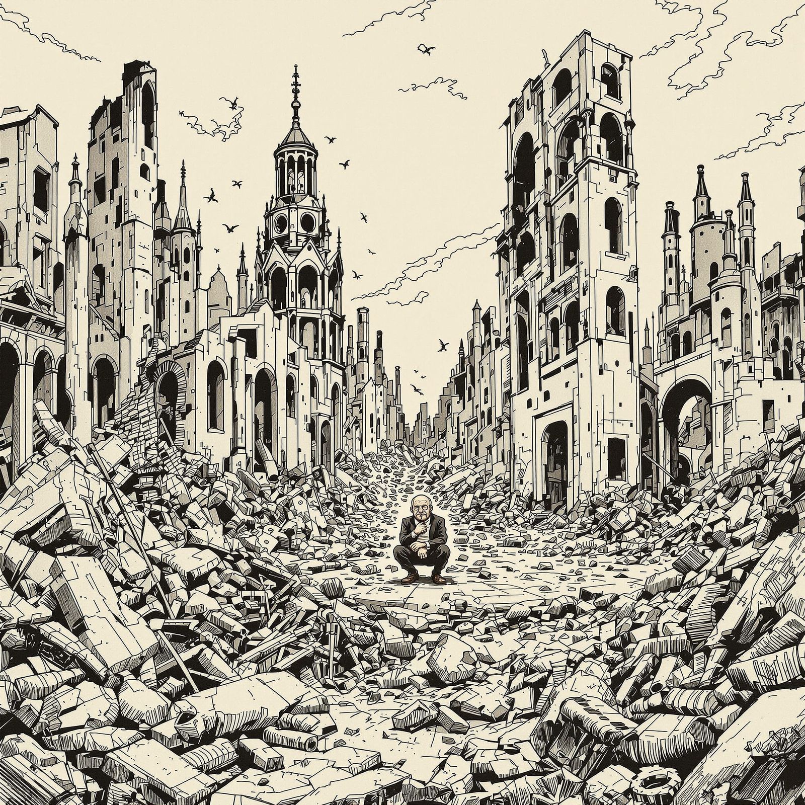 Grumpy Man in Ruined City, Reflecting Cultural Decline