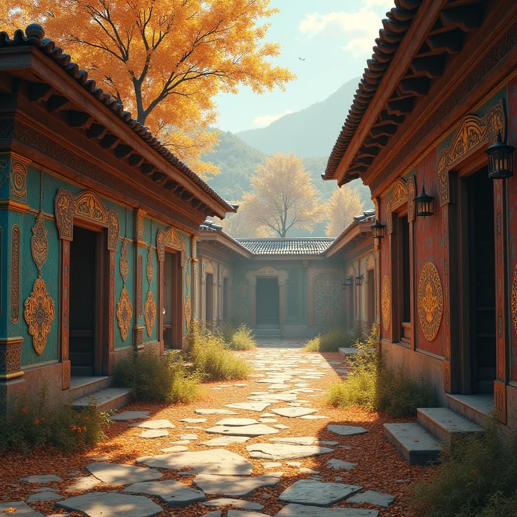 Mystical Uzbek Village in Autumn Morning Light