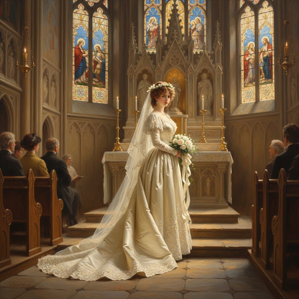 Victorian Bride in Church, Oil on Canvas Painting