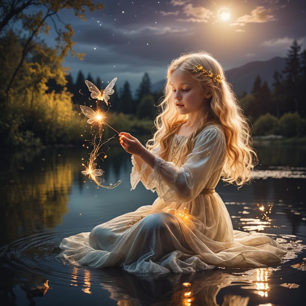Ethereal Fairy Child Casting Spell by Lake
