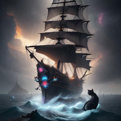 Pirate Cat Protected by Tulip in Yarn Ball Storm