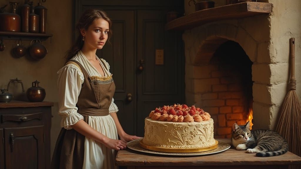 Georgian Kitchen Scene with Cake and Cat, Oil Painting Style
