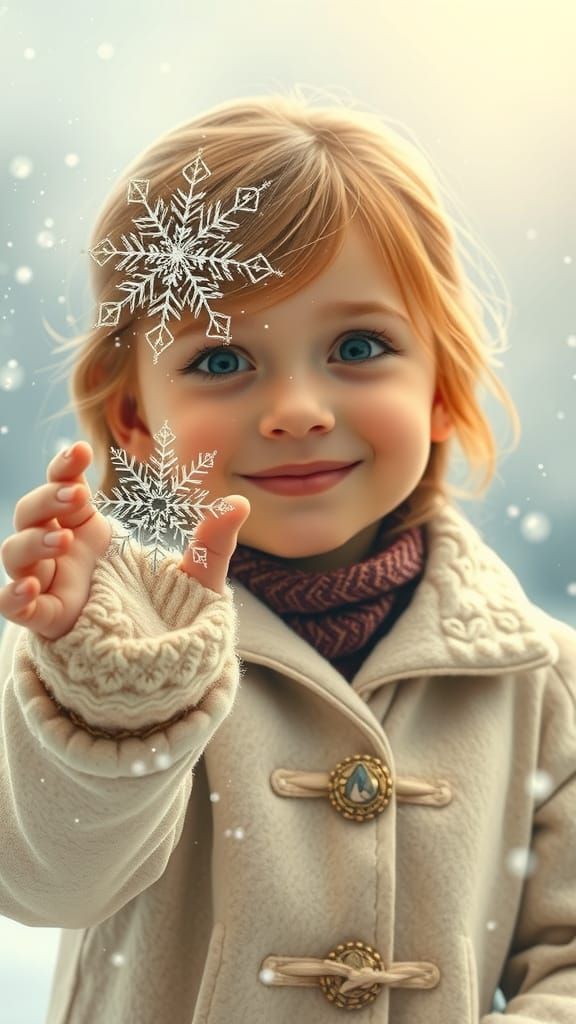 Whimsical Winter Wonderland Girl Catches Snowflake