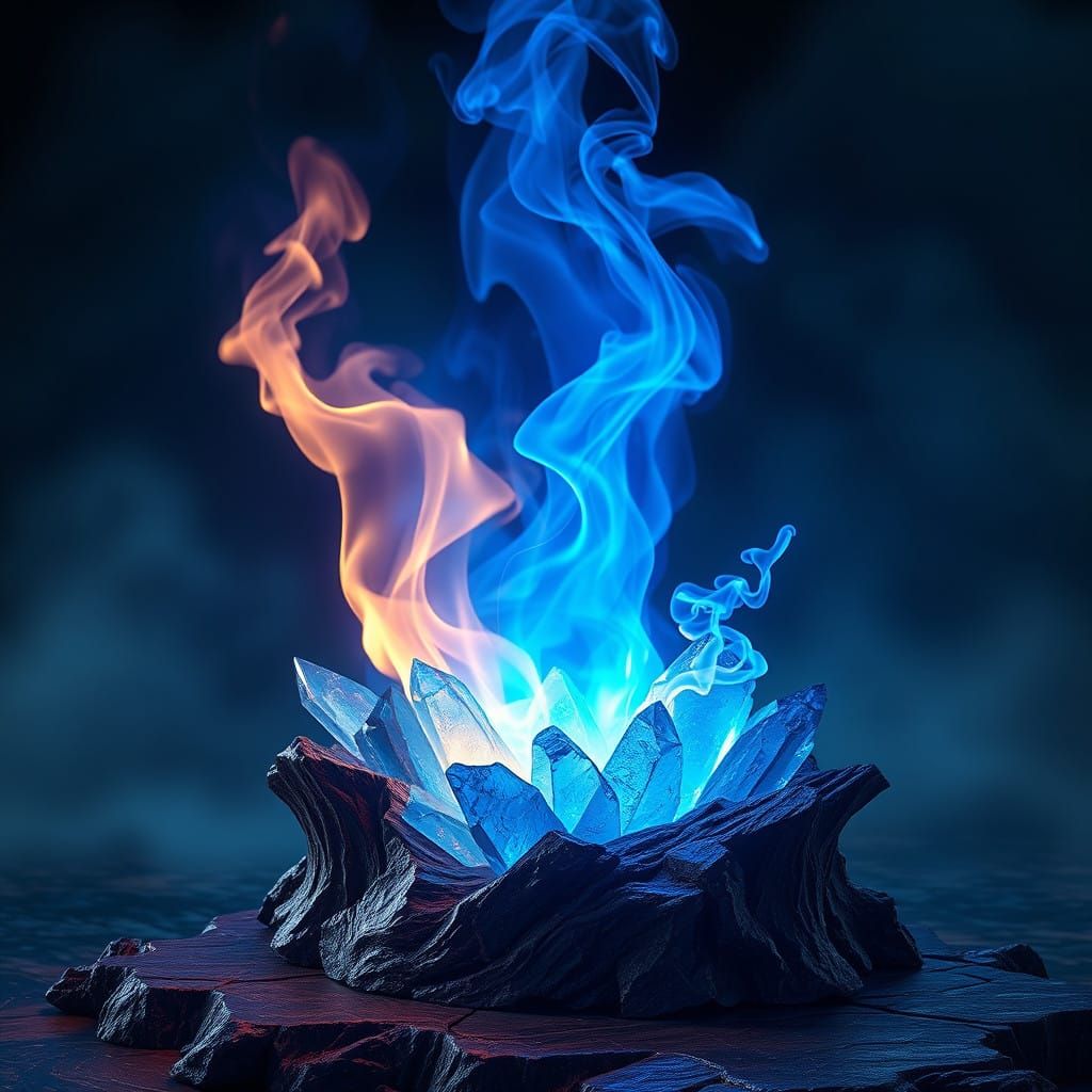 Surreal Blue Flame on Crystal Wood Illuminates High-Fantasy...