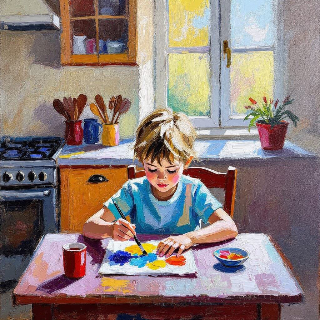 Kid Painting at Table Neo-Impressionist Style
