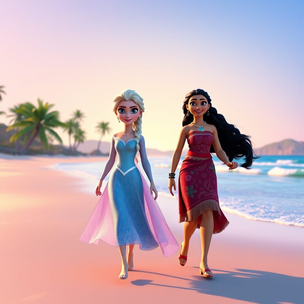 Elsa and Moana on Sunny Beach in Pixar Style