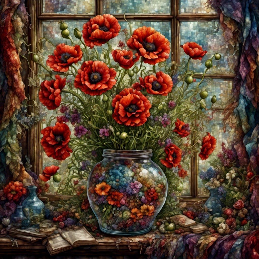 Poppies, Ferns, and Lily of the Valley in Glass Jar