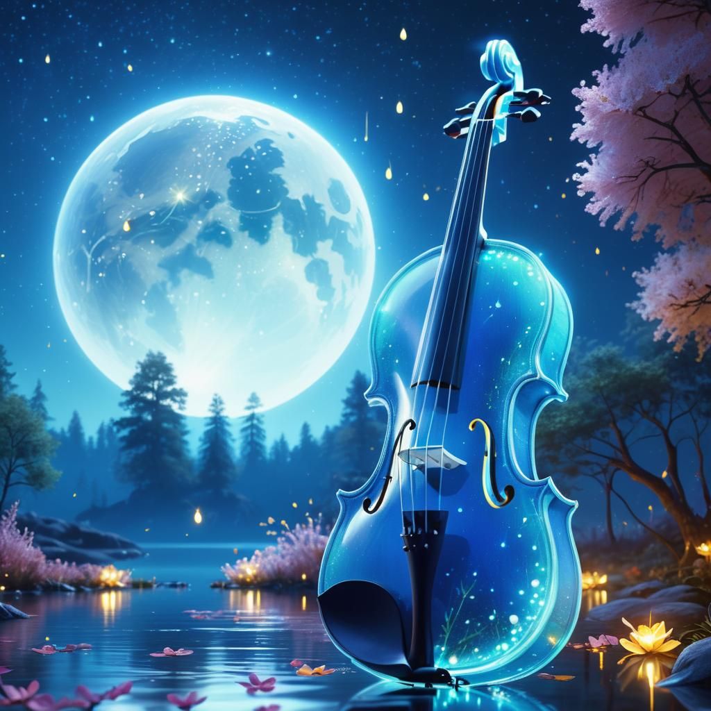 Glowing Violin on Moonlit Lake: Hyperdetailed Art