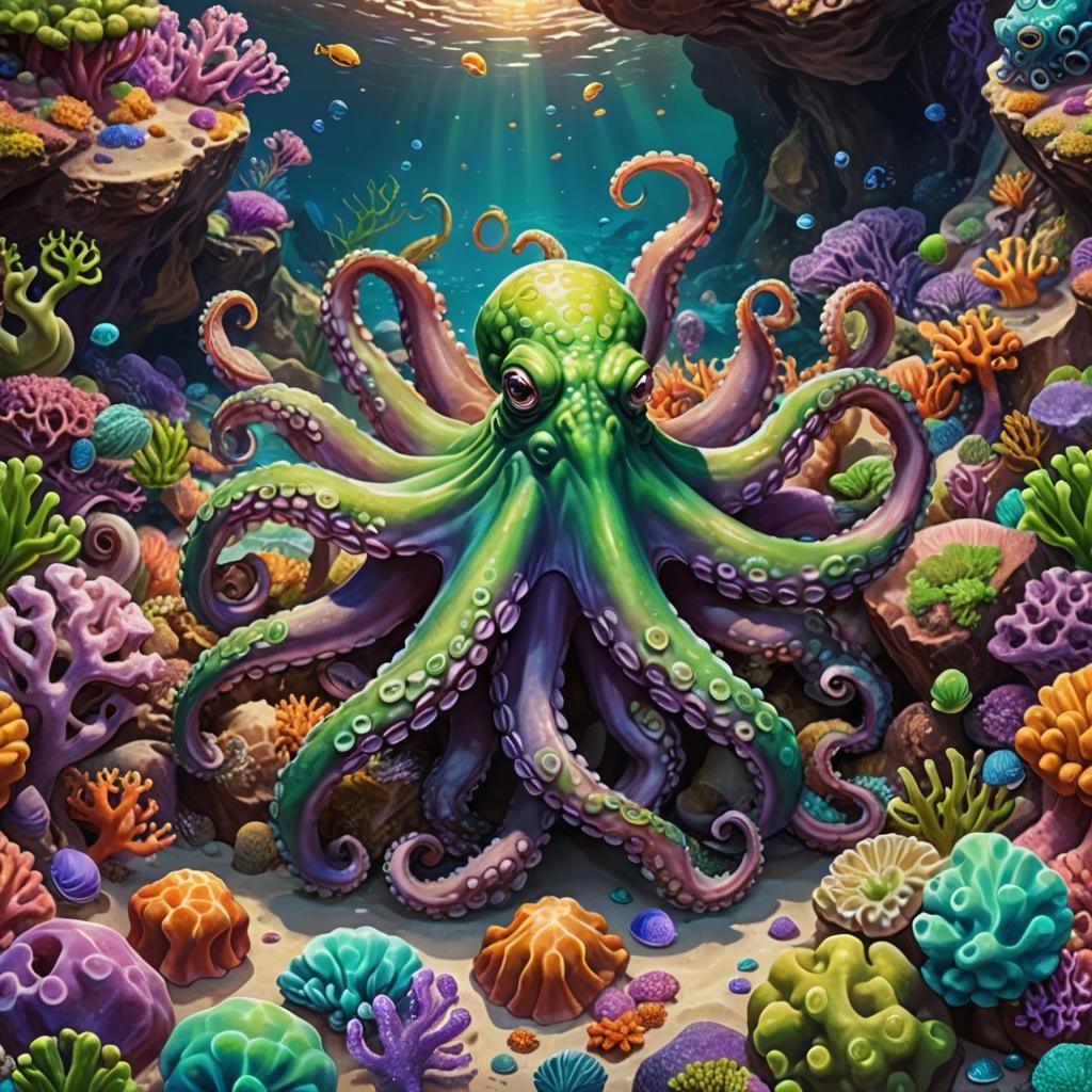 Smiling Octopus Walks Through Coral Reef in Digital Painting