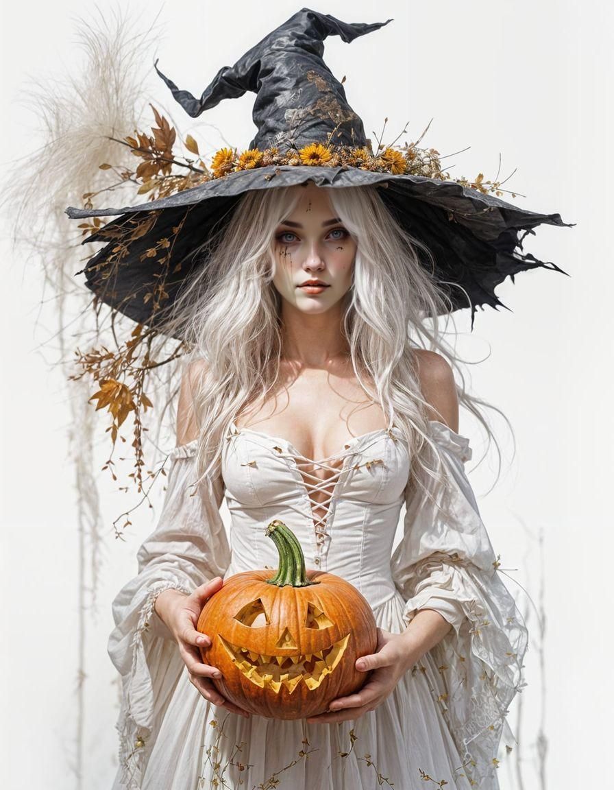 Enchanting Witch Portrait with Pumpkin and Floral Hat