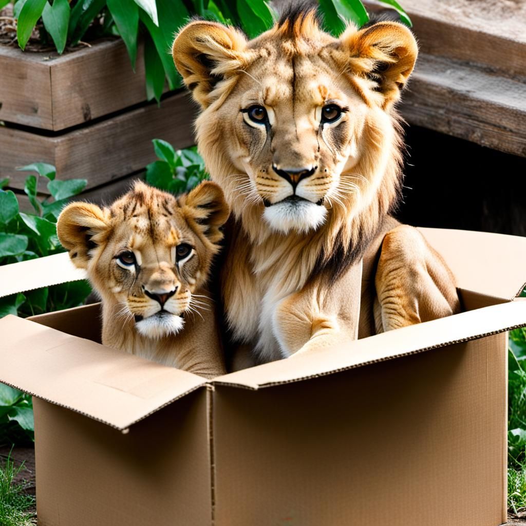 Lion Cub in a Box with Mother Watching