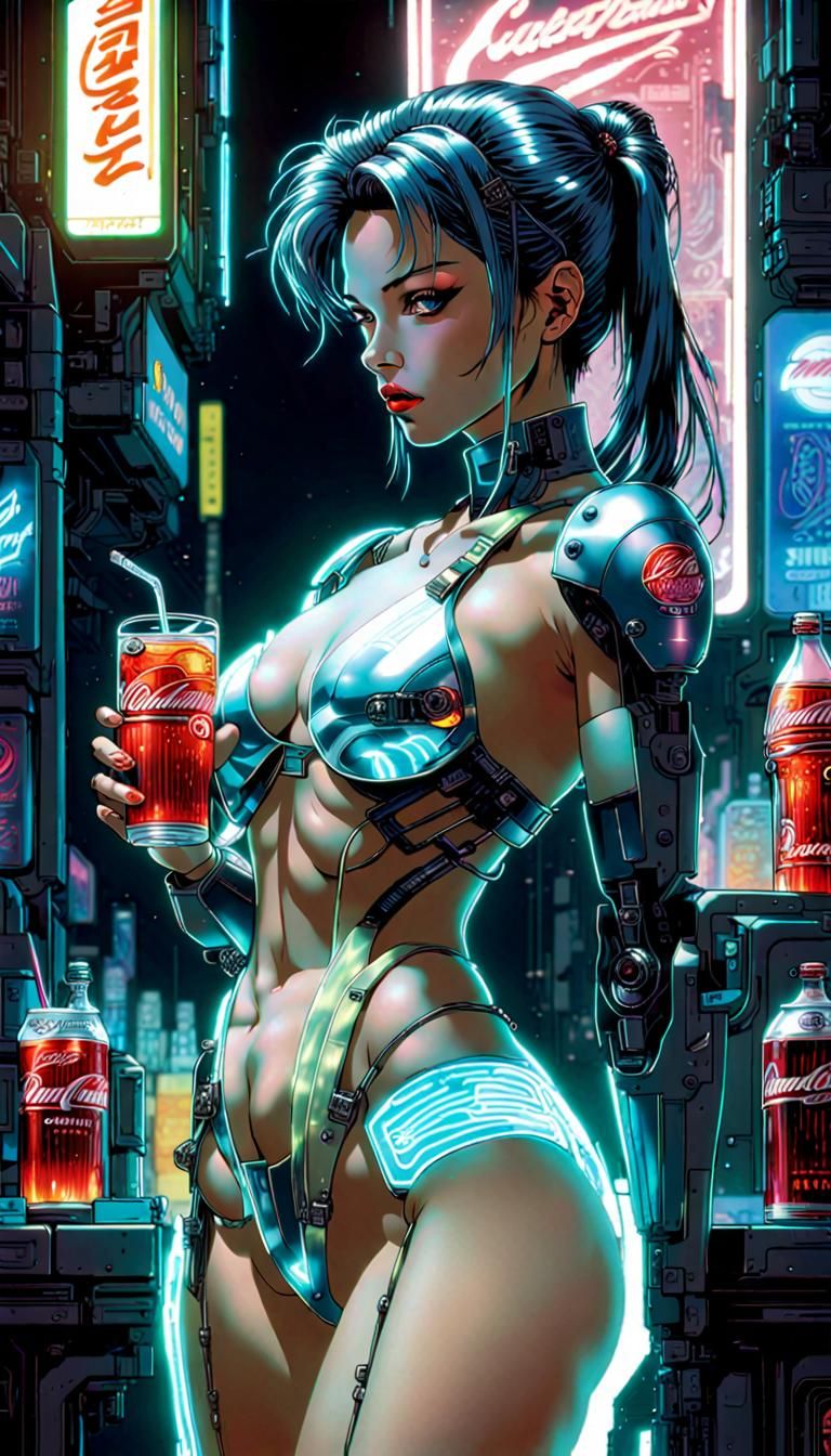Cyberpunk Hologram Woman Advertises Soft Drink
