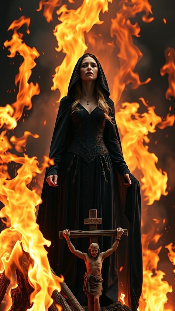 Majestic Wizard Woman in Fiery Blaze