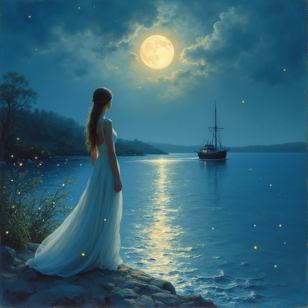 Woman by Moonlit River in Impressionist Watercolor Style