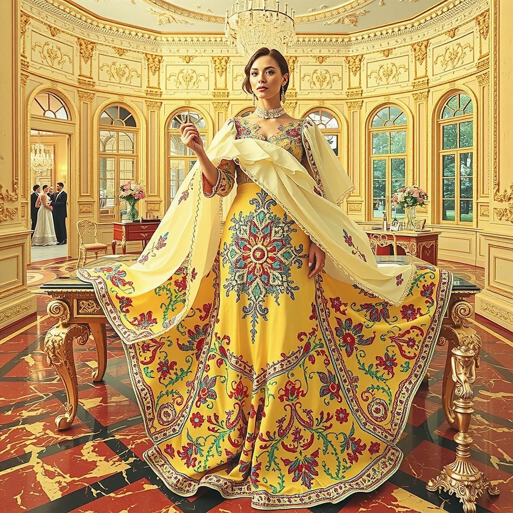 Elegant Woman in Lavish Room, Hyperrealistic Style