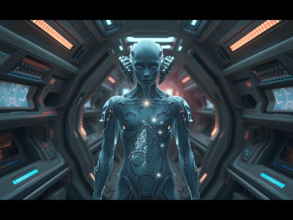 Spectral Machine-Pilot Concept Art in Cyberpunk Style