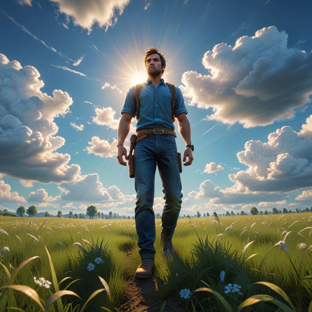 Man in Field: Epic 3D Video Game Graphics