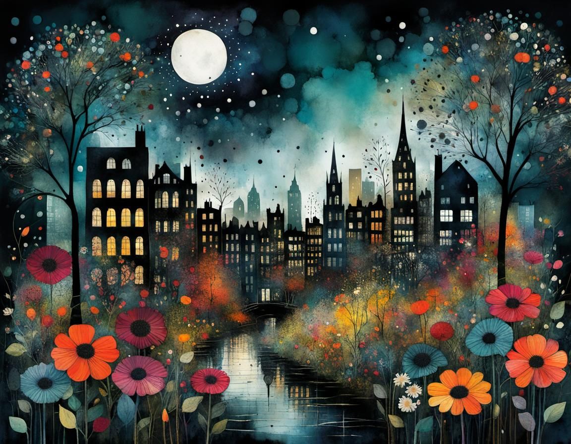 Whimsical Nighttime Cityscape with Intricate Details