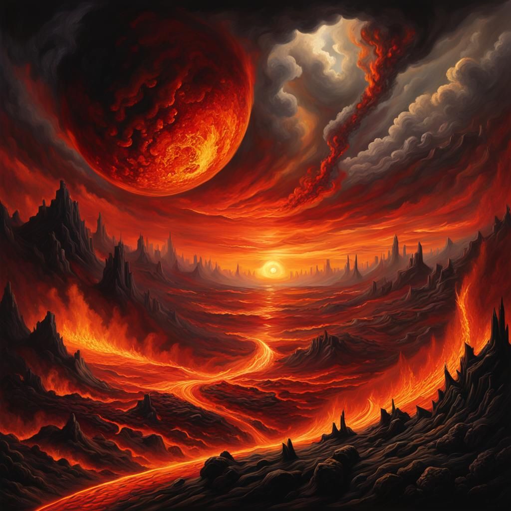 Apocalyptic Planet Engulfed in Flames: Surrealist Landscape