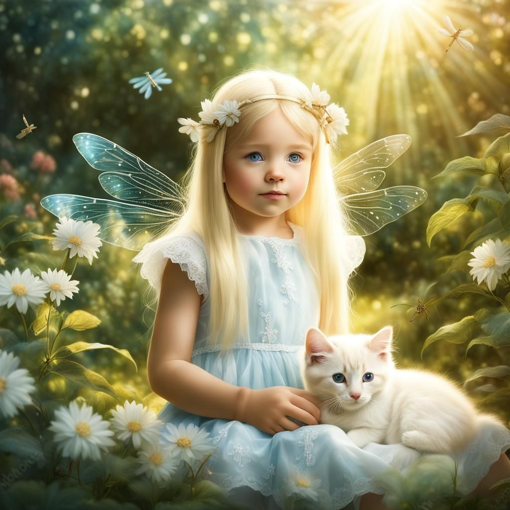 Fairy Child with Kitten in Garden, Old Master Style