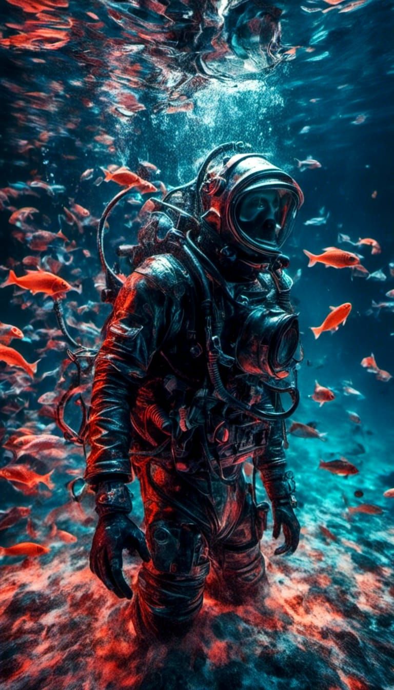 Cyberpunk Diver in Underwater City Ruins