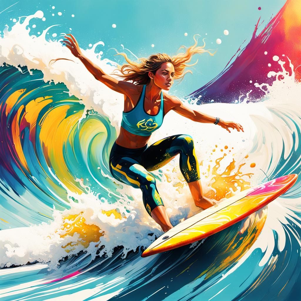 Girl Surfing: Vibrant Street Art in Polychromatic Hues