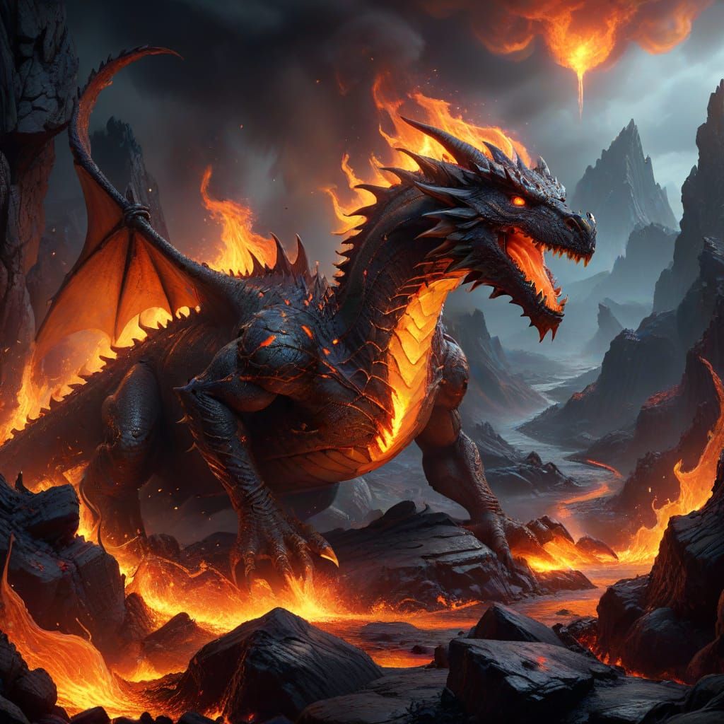 Cyberpunk-Inspired Dragon Amidst Molten Lava