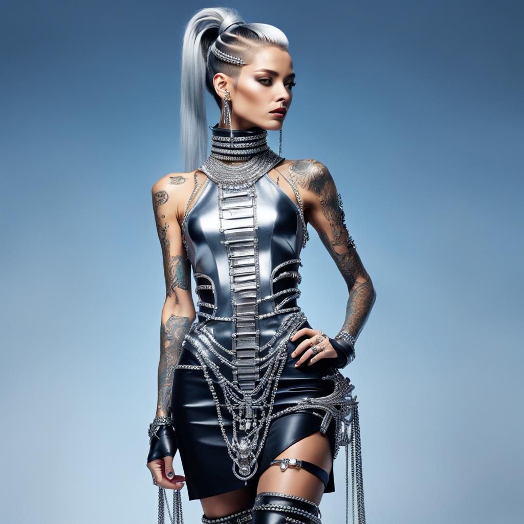 Futuristic Woman with Tattoos and Jewel Dress
