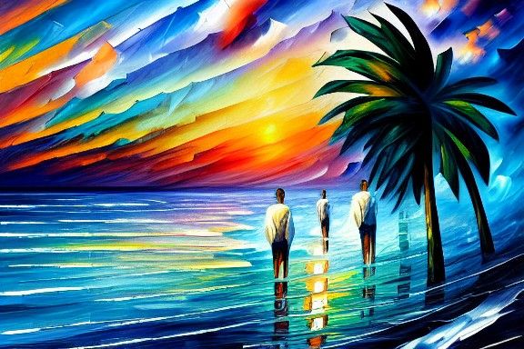 Tranquil Ocean Scene with Palm Trees in Pastel Watercolors