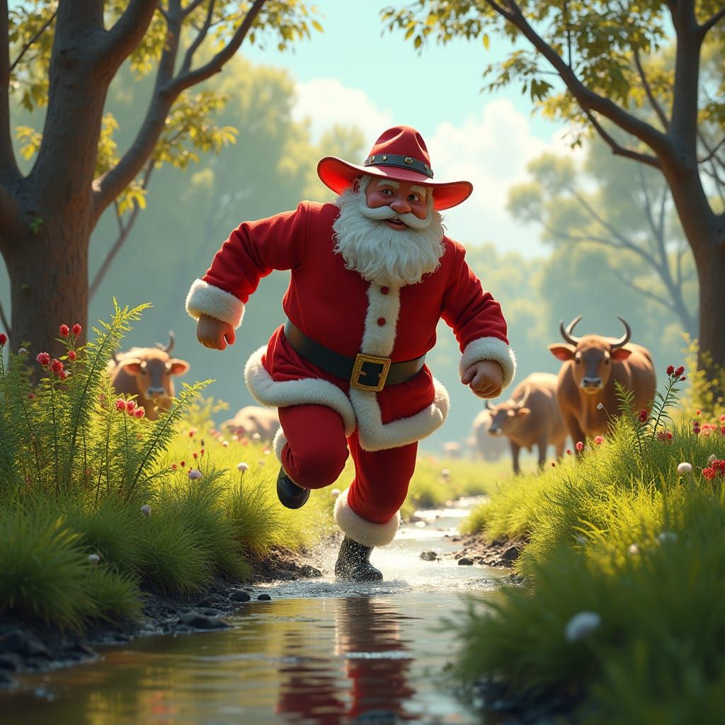 Vibrant Santa Claus Sprinting Through an Australian Farm