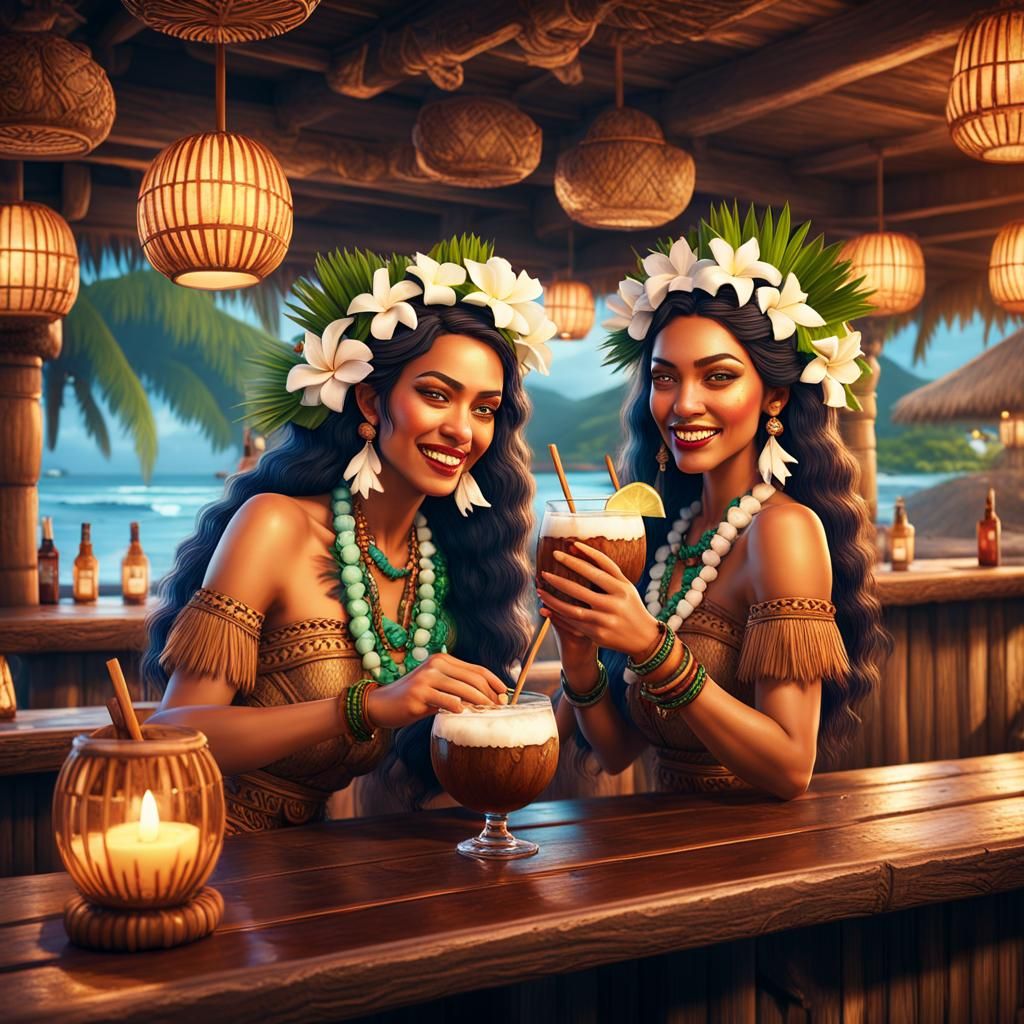 Polynesian Beauties at a Busy Tiki Bar