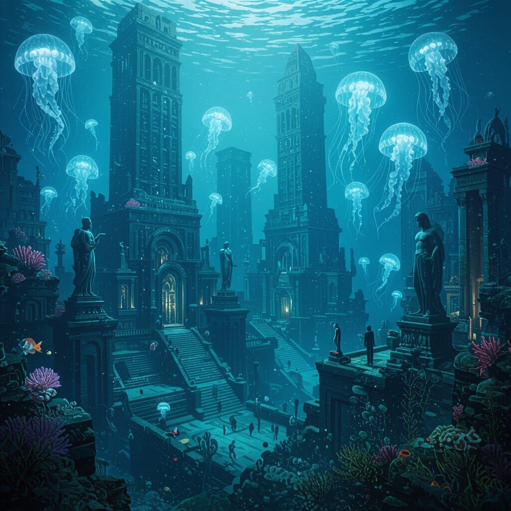 Surreal Underwater Metropolis with Coral Reefs