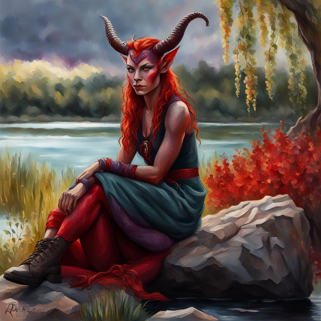 Pensive Tiefling in Garden: Impressionist Oil and Watercolor