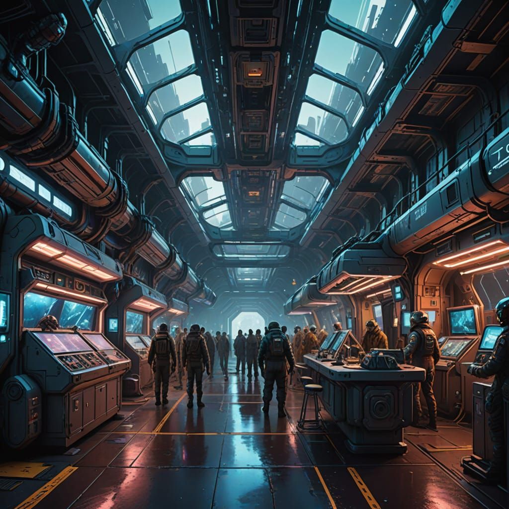 Futuristic Space Station Hub Teeming with Alien Life