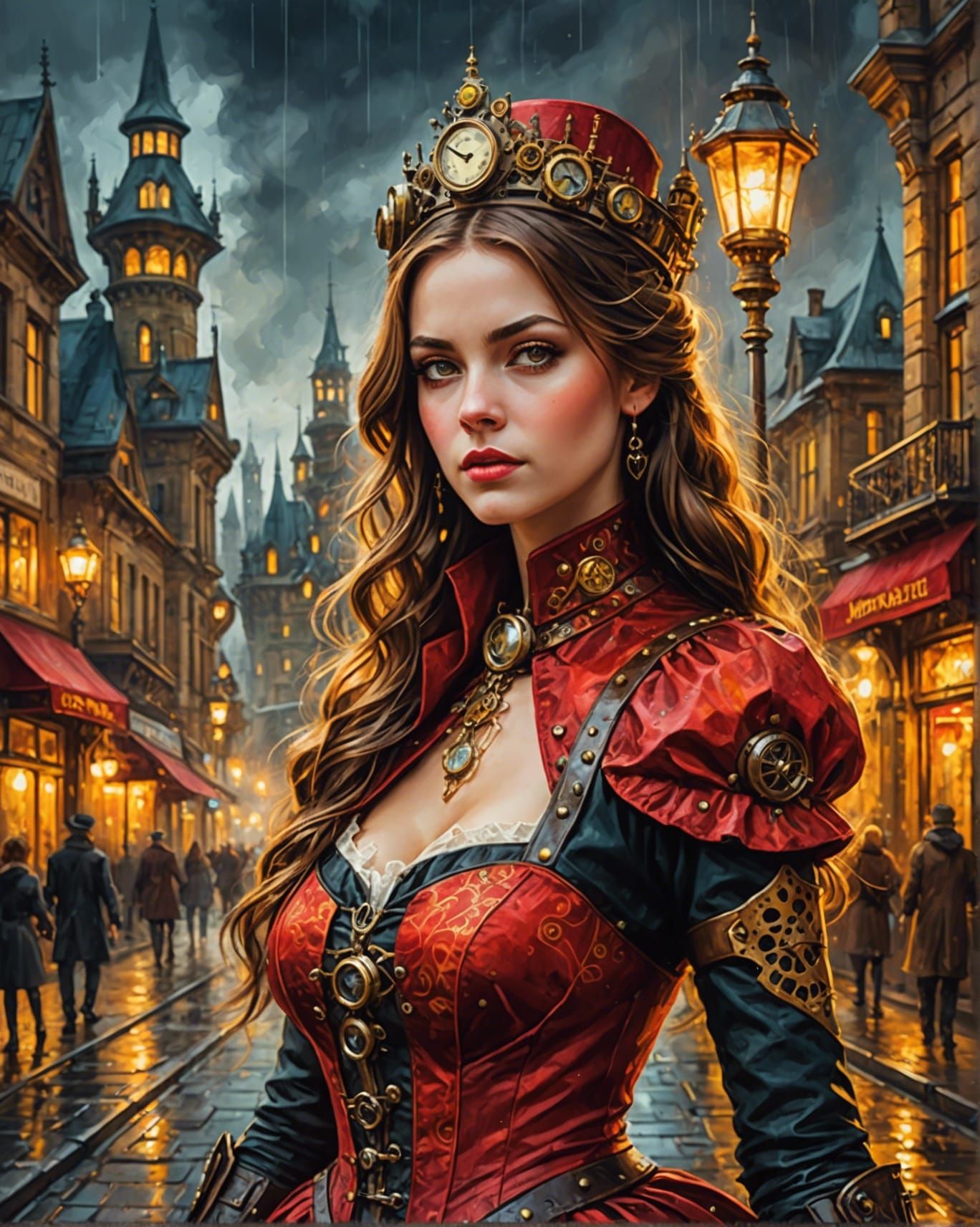 Steampunk Princess Castle in Night City, Oil Painting
