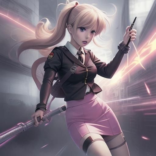 Anime Ghostbuster in Action with Pencil Skirt