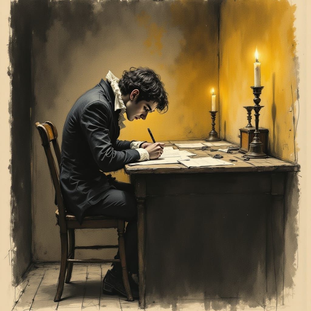 Dickensian Clerk Scribbling by Candlelight in Ink Illustrati...