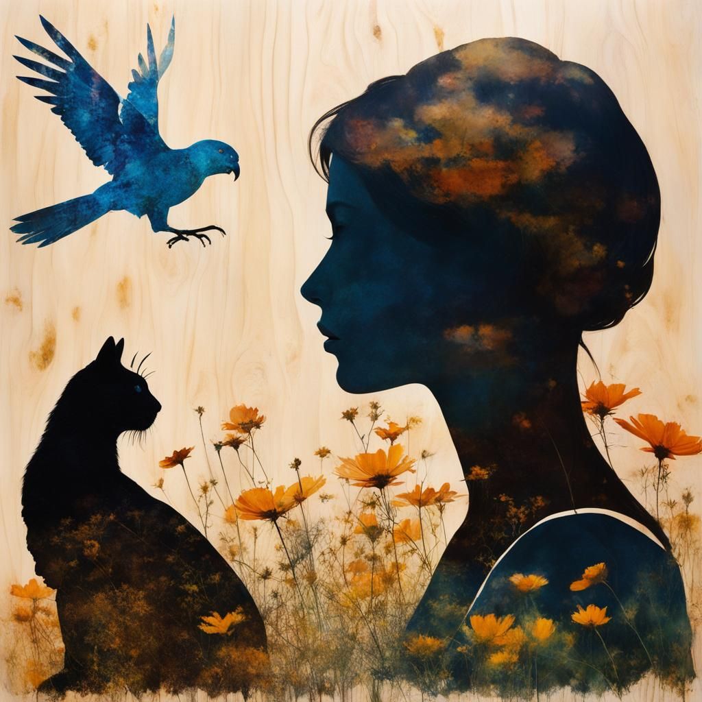 Double Exposure Girl Silhouette in Encaustic Style