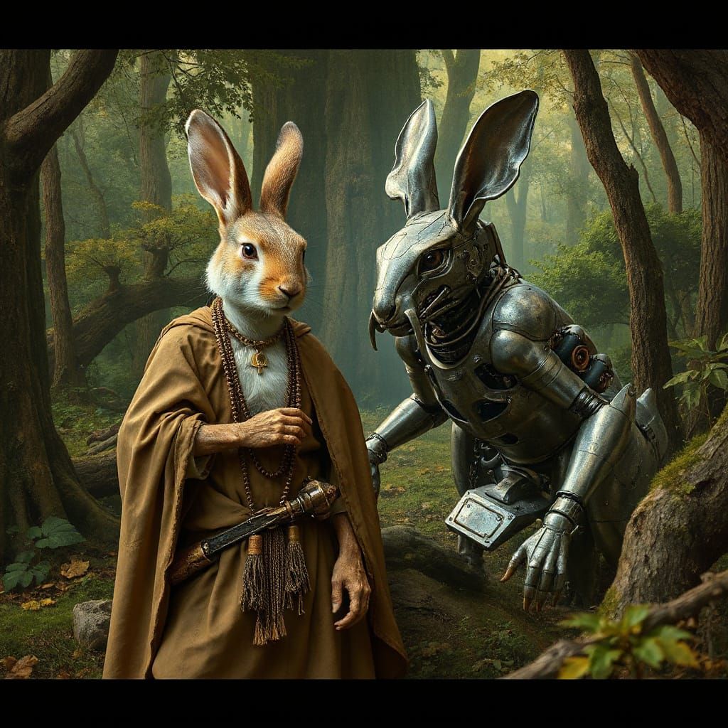 Rabbit and Hydromech Companion in Biomechanical Forest