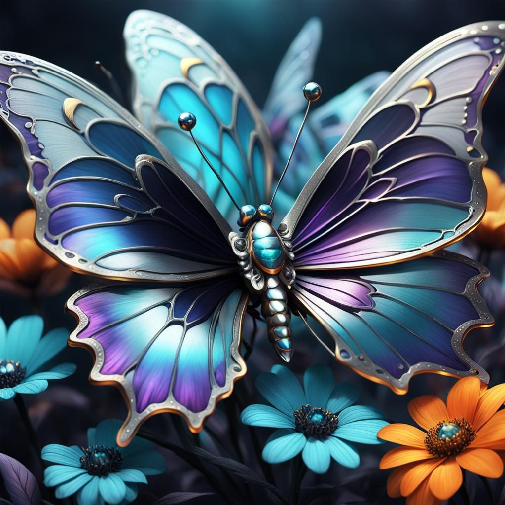 Silver Butterfly on Black Flower: Fantasy Concept Art