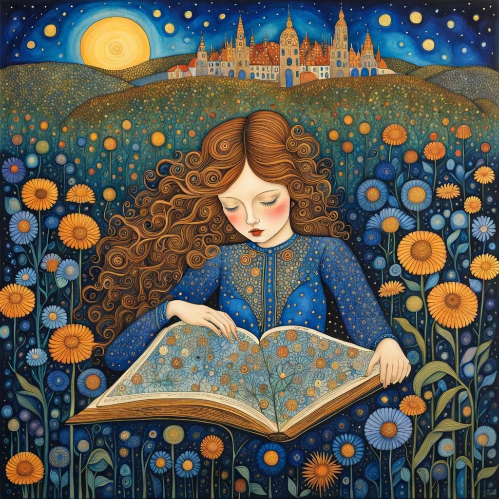 Girl Reading in Blue Hour: A Klimt-Inspired Surreal Scene