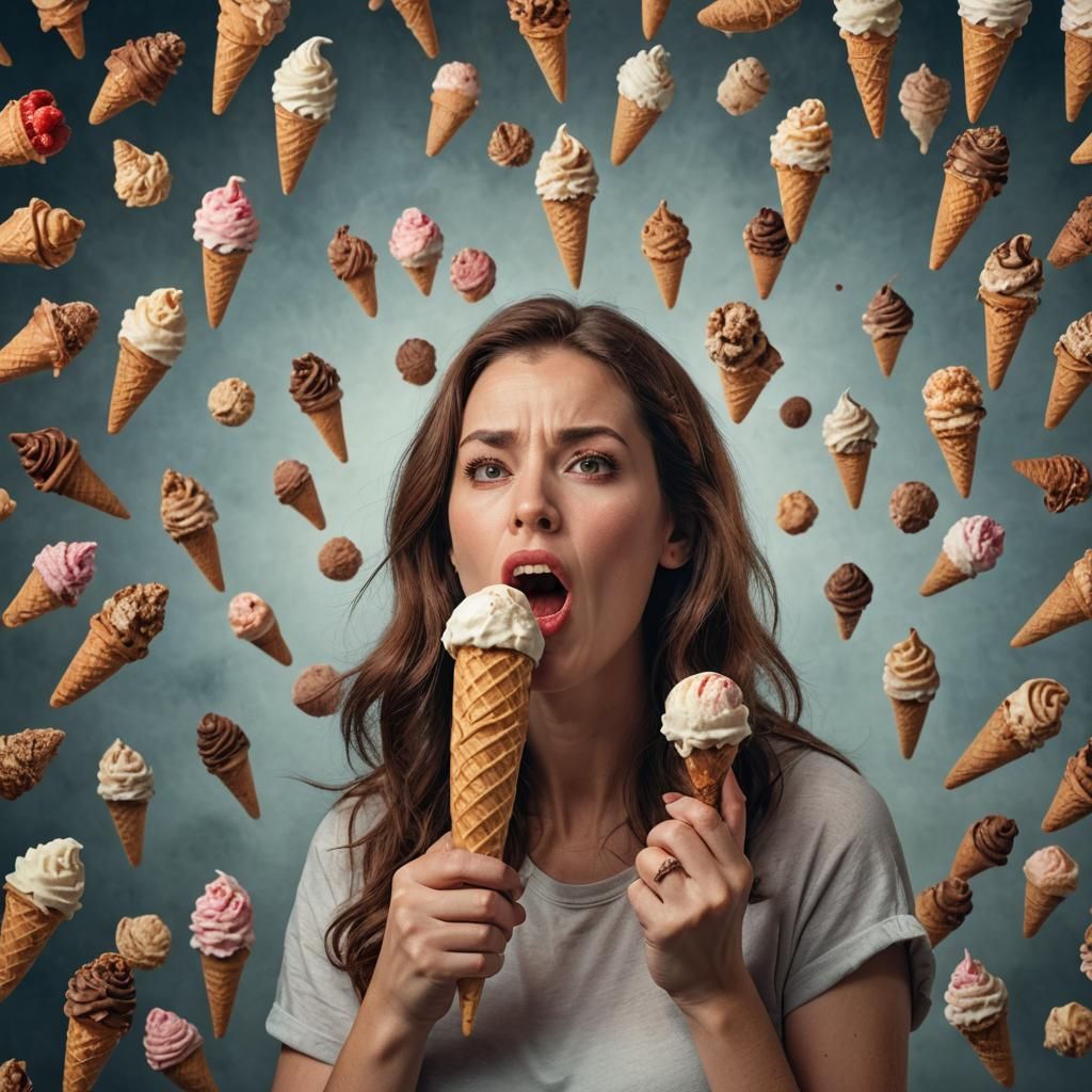 Professional photo woman licking ice cream cone that is literally  her head on a waffle cone