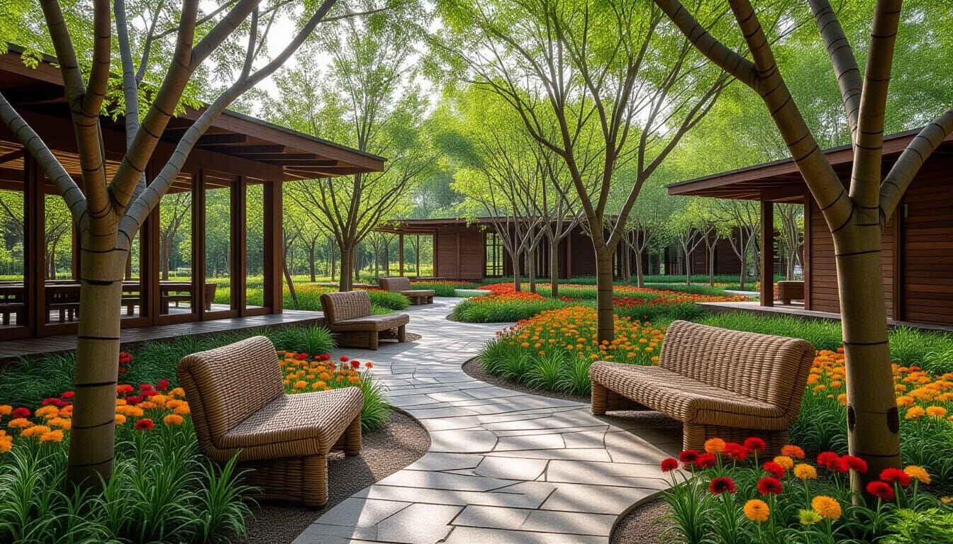 Serene Wooden Park Model with Colorful Flower Beds